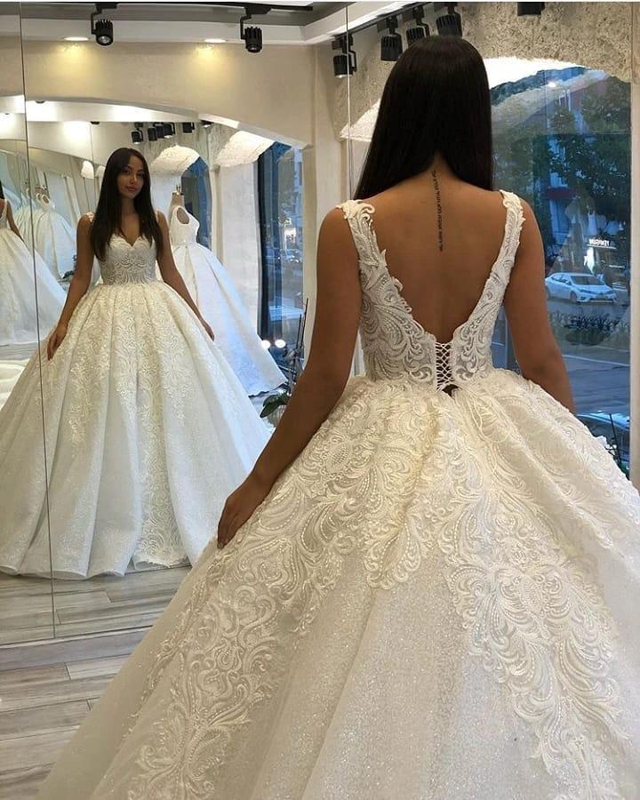 Long Sweetheart Backless Appliques Lace Sequins Ball Gown Wedding Dress