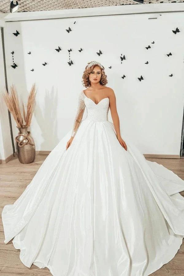 Long Sweetheart Satin Ruffles Ball Gown Wedding Dress with Sleeves