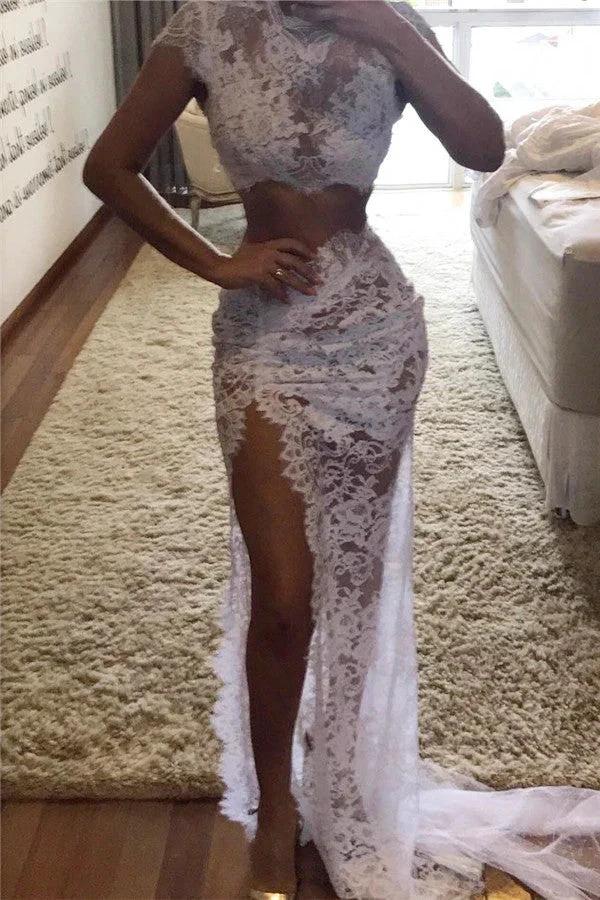 Long Two Pieces Lace Formal Evening Dresses with Slit