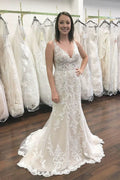 Long V-neck Wide Straps Lace Open Back Mermaid Wedding Dress