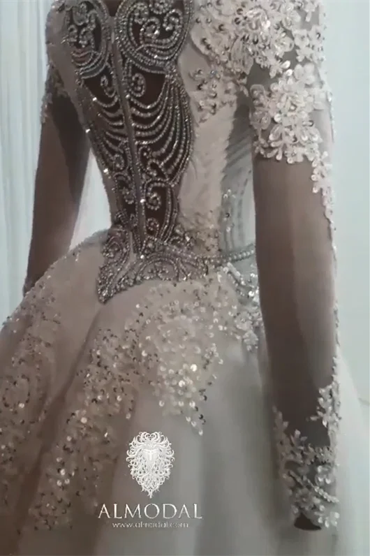 Luxurious A-line Long Sleeves Beading Wedding Dress With Train