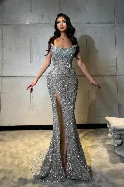 Luxurious Column Sequined Sleeveless Prom Dress With Split
