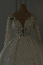 Luxurious Long Ivory A-line V-neck Lace Long Sleeves Wedding Dress with Glitter
