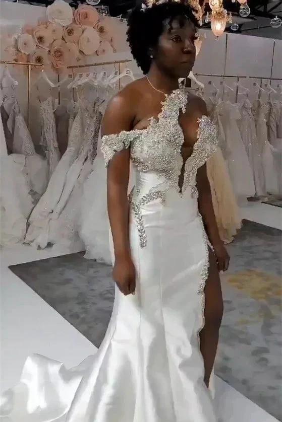 Luxurious Long Mermaid One Shoulder Satin Beading Wedding Dress With Detachable Train