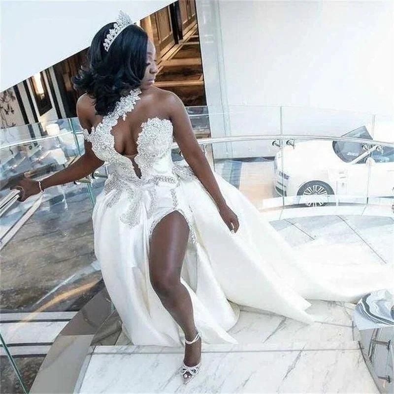 Luxurious Long Mermaid One Shoulder Satin Beading Wedding Dress With Detachable Train