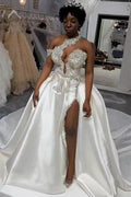 Luxurious Long Mermaid One Shoulder Satin Beading Wedding Dress With Detachable Train