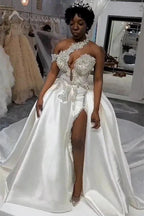 Luxurious Long Mermaid One Shoulder Satin Beading Wedding Dress With Detachable Train