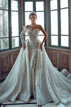 Luxurious Long White One Shoulder A-line Beading Pearls Long Sleeve Weeding Dress With Train