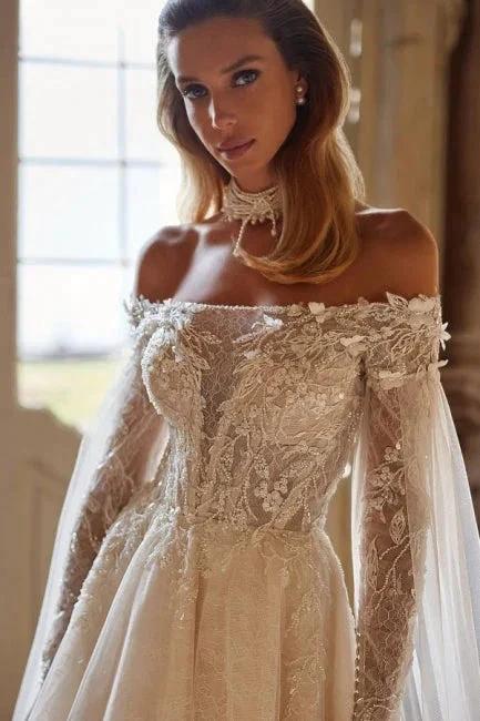 Luxury Beautiful Off-the-shoulder long sleeves a-line lace Wedding Dresses beading