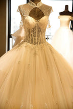 Luxury Illusion Neck Lace-up Tulle Ball Gown Wedding Dress Modest Ivory Sparkle Bridal Gowns