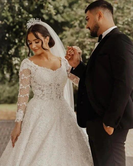 Luxury lace wedding dresses | A line wedding dresses with sleeves