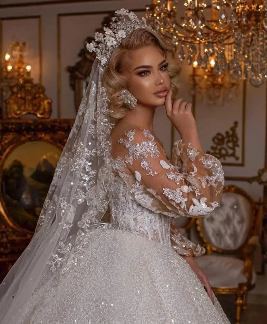Luxury Long Ball Gown Glitter Wedding Dress with Puffy Sleeves