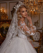 Luxury Long Ball Gown Glitter Wedding Dress with Puffy Sleeves