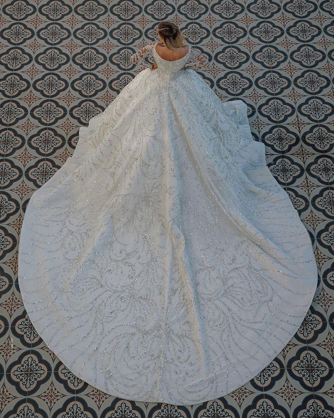 Luxury Long Ball Gown Sequin Off The Shoulder Backless Wedding Dress with Sleeves