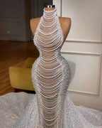 Luxury Long Mermaid Halter Beading Sleeveless Wedding Dress With Pearls