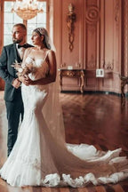 Luxury Long Mermaid Spaghetti Straps Glitter Wedding Dresses With Lace