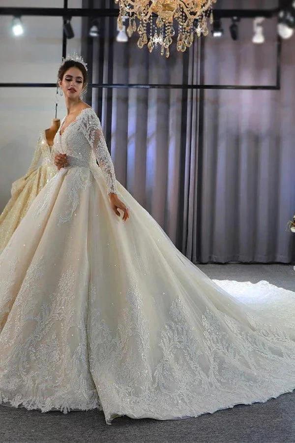 Luxury Long Sleeves Deep V-Neck Princess Ball Gown Garden Bridal Dress