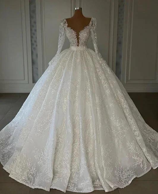 Luxury Princess A-line V-neck Lace Wedding Dresses With Long Sleeves