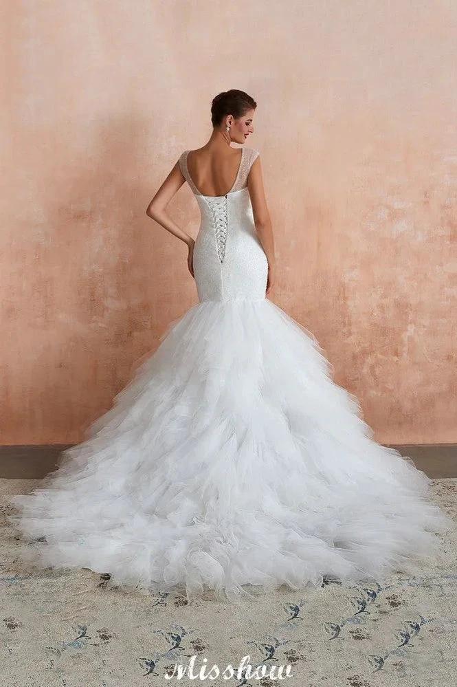 Luxury V-Neck Cap Sleeve Beach Lace up White Bridal Gowns with Sequins