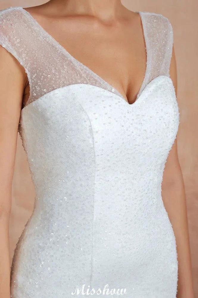 Luxury V-Neck Cap Sleeve Beach Lace up White Bridal Gowns with Sequins
