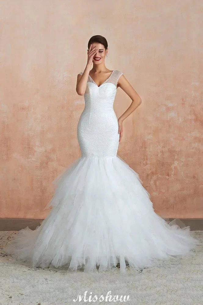 Luxury V-Neck Cap Sleeve Beach Lace up White Bridal Gowns with Sequins