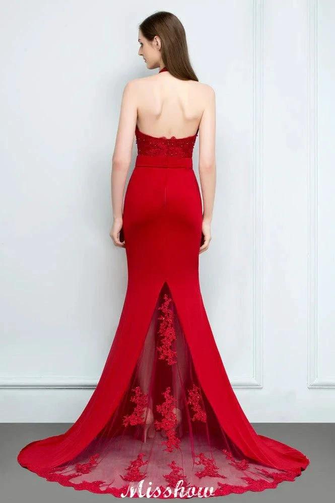 Mermaid Charmeuse Lace Halter SleevelessBridesmaid Dress Floor-Length Prom Dress