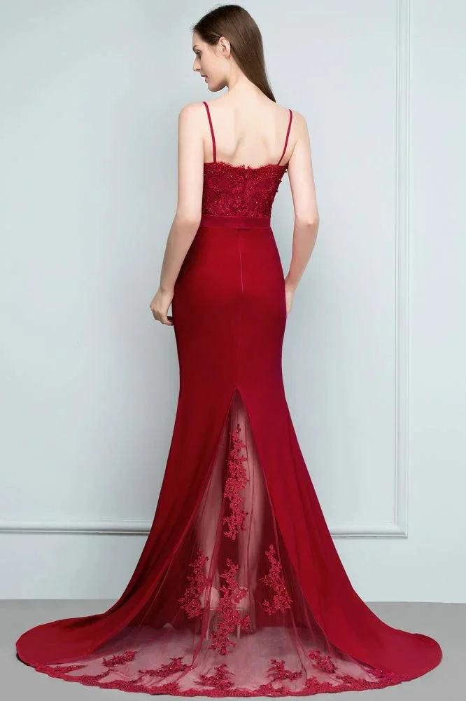 Mermaid Charmeuse Lace Spaghetti-Straps Sweetheart Sleeveless Floor-Length Bridesmaid Dresses with Beads