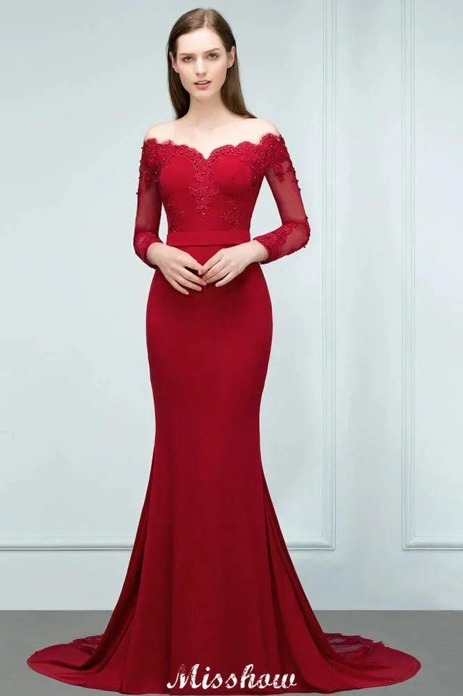 Mermaid Charmeuse Off-the-Shoulder V-Neck Floor-Length Bridesmaid Dress with Appliques