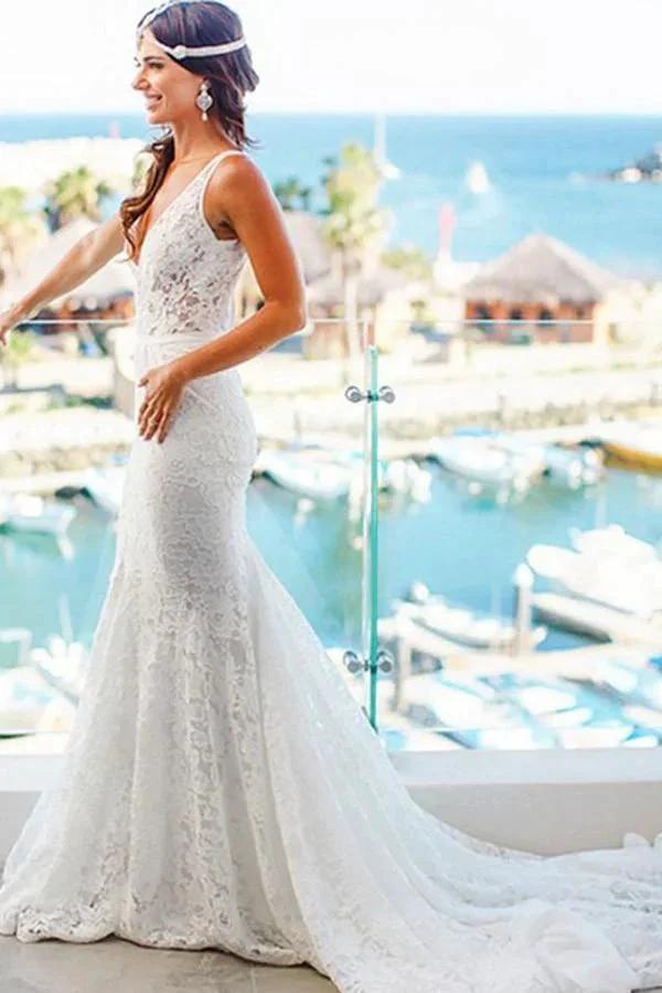Mermaid Lace V-neck Court Train Beach Wedding Dress WD107