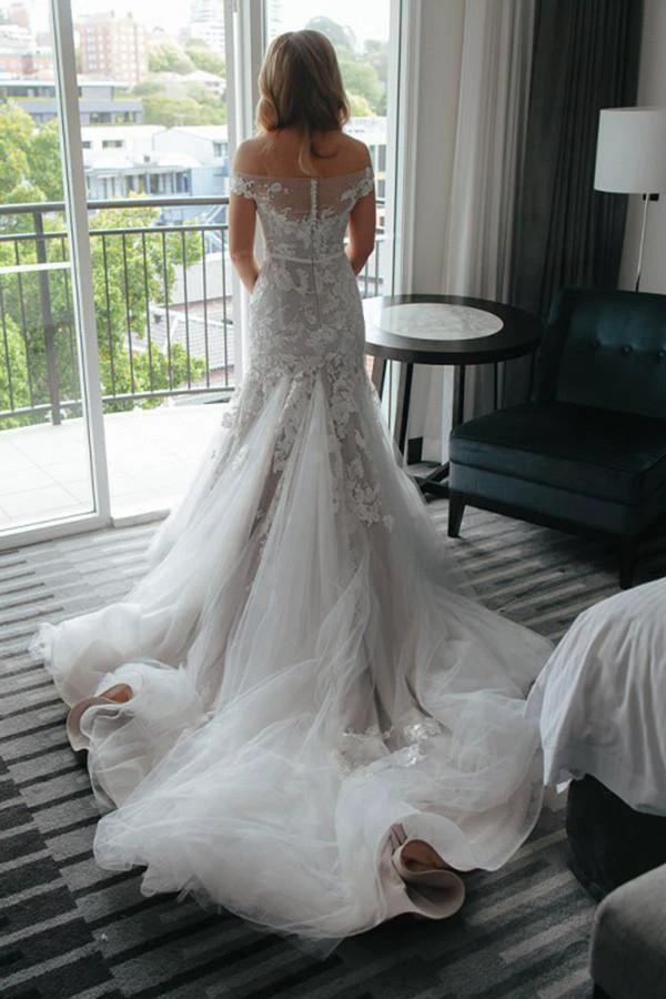 Mermaid Off-the-Shoulder Court Train Tulle Wedding Dress with Appliques WD097