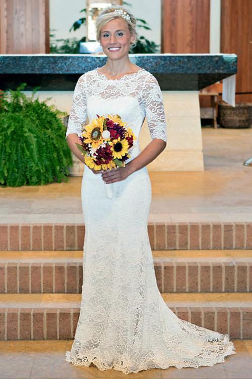 Mermaid Scoop Open Back Long Sleeves Wedding Dresses With Appliques WD004