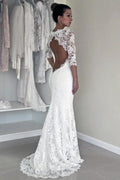 Mermaid Scoop Open Back Long Sleeves Wedding Dresses With Appliques WD004
