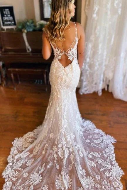 Mermaid Spaghetti Straps V-neck Backless Lace Wedding Dresses