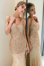 Mermaid V-neck Sleeveless Crystals Beading Long Evening Dresses