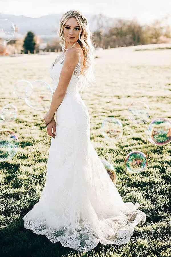 Mermaid V-Neck Sweep Train Sleeveless Lace Wedding Dress  WD322