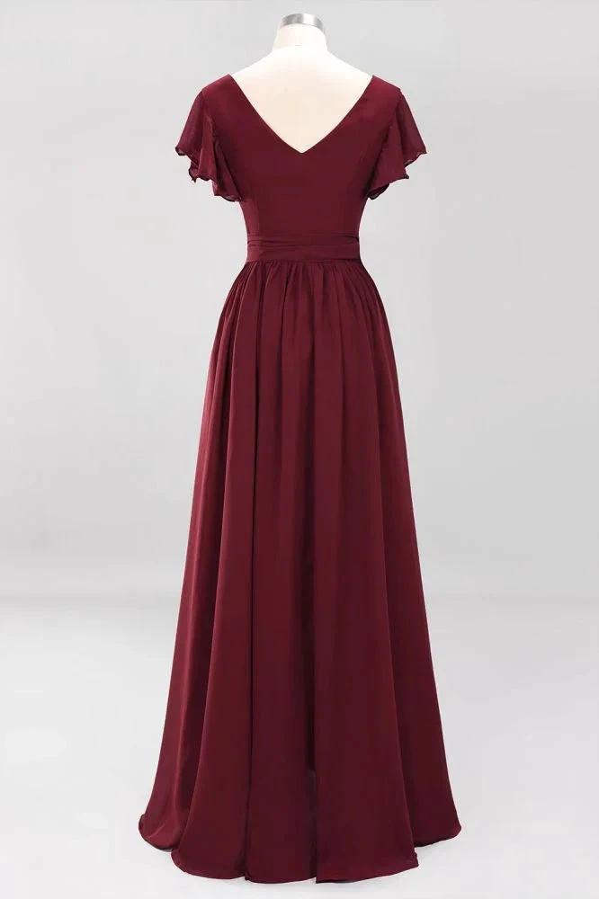 Elegant A-line V-Neck Short Sleeve Bridesmaid Dresses with Bow Sash Floor-Length Chiffon Evening Dress