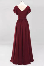 Elegant A-line V-Neck Short Sleeve Bridesmaid Dresses with Bow Sash Floor-Length Chiffon Evening Dress