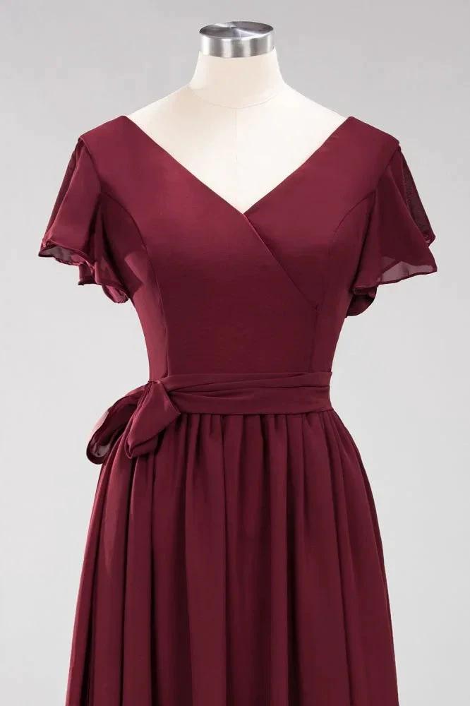 Elegant A-line V-Neck Short Sleeve Bridesmaid Dresses with Bow Sash Floor-Length Chiffon Evening Dress