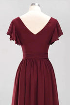 Elegant A-line V-Neck Short Sleeve Bridesmaid Dresses with Bow Sash Floor-Length Chiffon Evening Dress