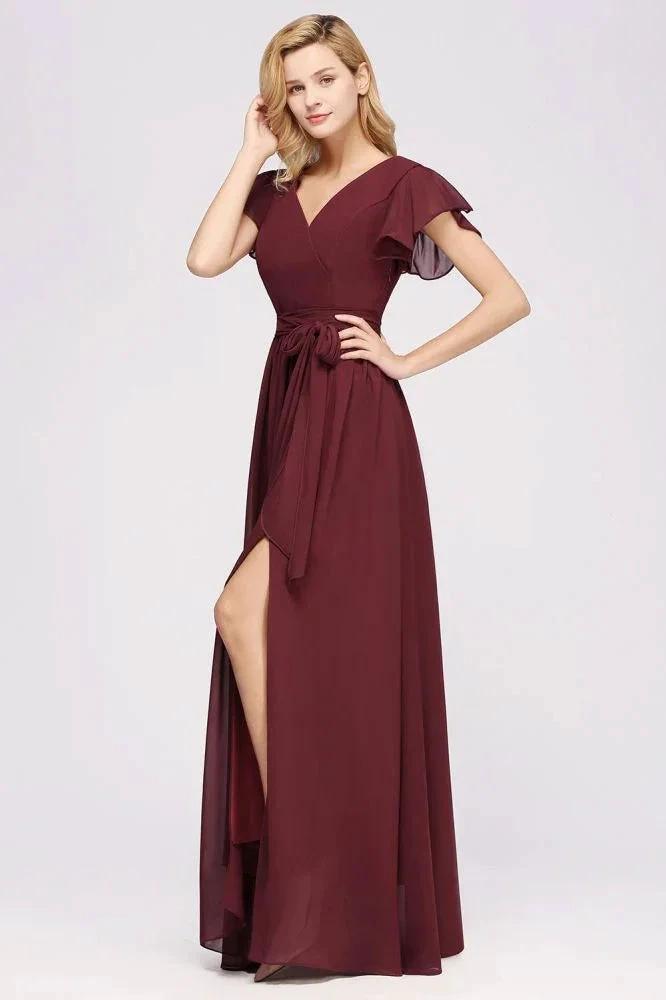 Elegant A-line V-Neck Short Sleeve Bridesmaid Dresses with Bow Sash Floor-Length Chiffon Evening Dress