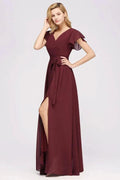 Elegant A-line V-Neck Short Sleeve Bridesmaid Dresses with Bow Sash Floor-Length Chiffon Evening Dress