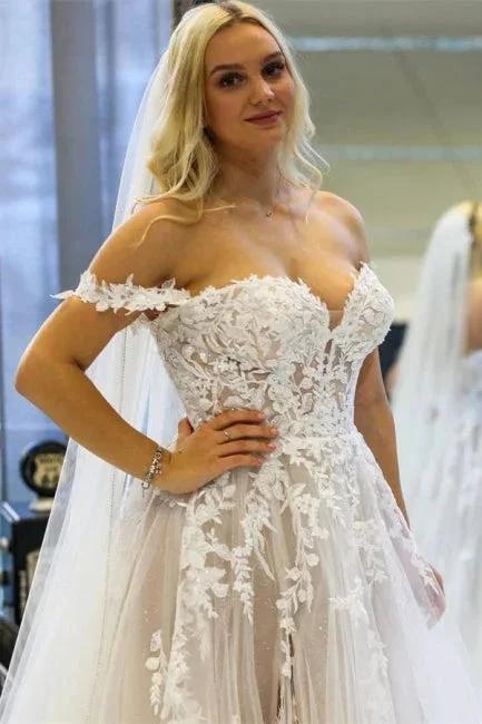 Modern A-line Off-the-shoulder Sleeveless Wedding Dresses With Lace