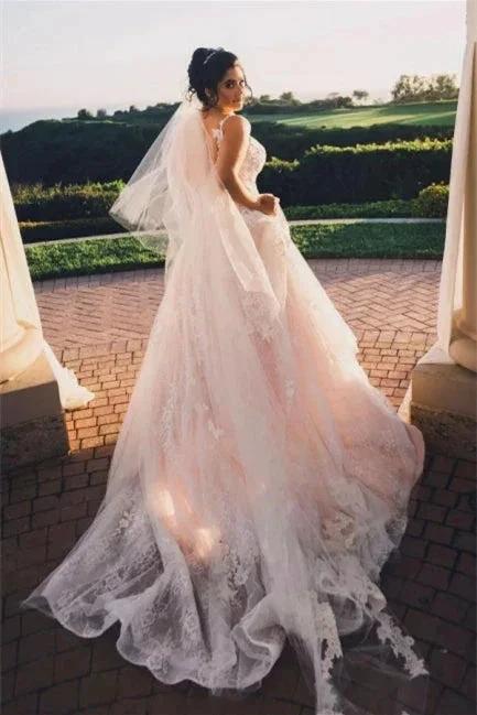 Modern V-neck Sleeveless A-line Wedding Dresses With Lace