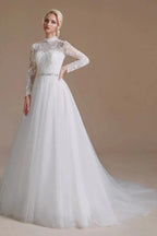 Modest Long A-line High Neck Tulle Lace Wedding Dresses with Sleeves