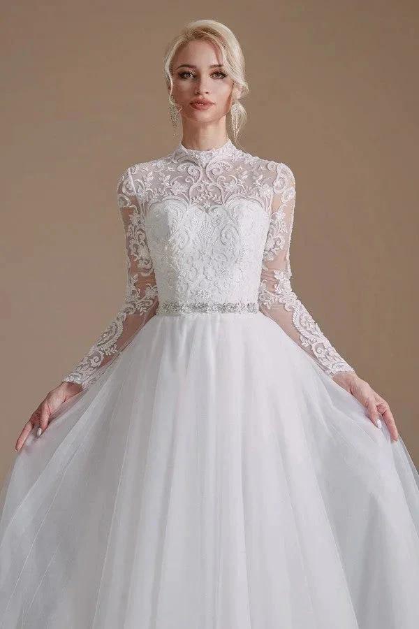 Modest Long A-line High Neck Tulle Lace Wedding Dresses with Sleeves