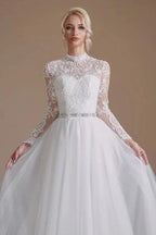 Modest Long A-line High Neck Tulle Lace Wedding Dresses with Sleeves