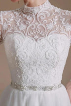 Modest Long A-line High Neck Tulle Lace Wedding Dresses with Sleeves