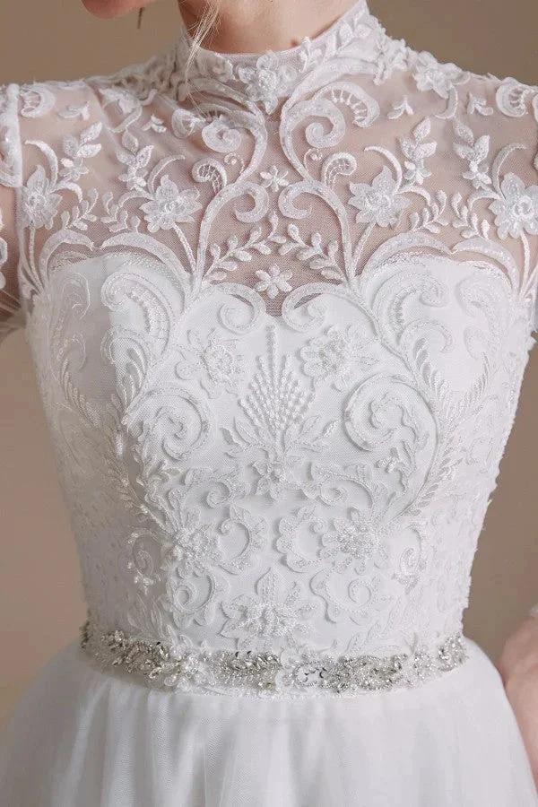 Modest Long A-line High Neck Tulle Lace Wedding Dresses with Sleeves