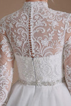 Modest Long A-line High Neck Tulle Lace Wedding Dresses with Sleeves