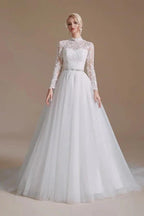 Modest Long A-line High Neck Tulle Lace Wedding Dresses with Sleeves